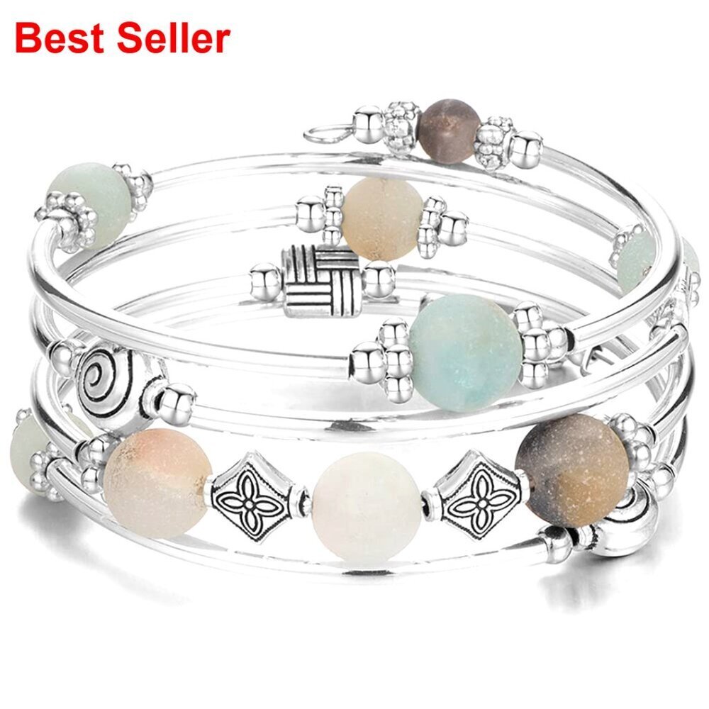 Beaded Pearl Bangle Wrap Bracelet with Thick Silver Metal Beads